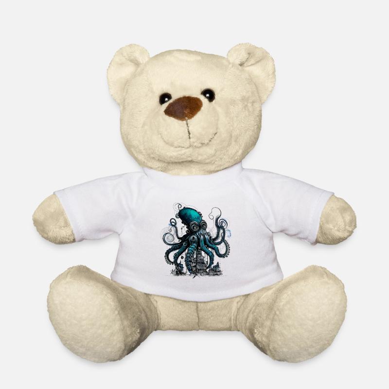 Steampunk Riesenkraken über kleinem Dorf - Teddy - Weiß