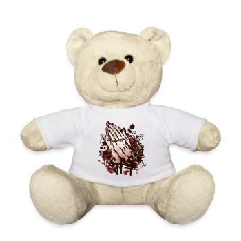 zwei Hände die beten mit Rosenkranz und Rosen - Teddy - Weiß - Vorne