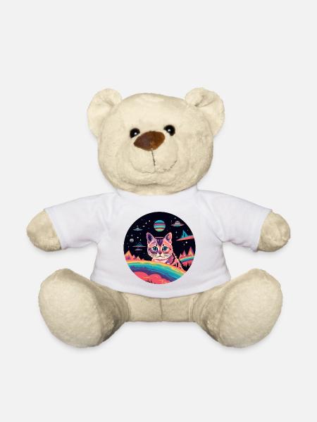 Katze mit Ufos im Weltall - Teddy - Weiß