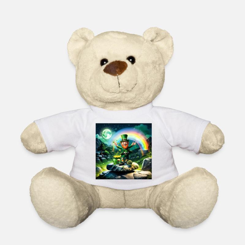 Lustiger glücklicher Kobold mit Regenbogen im Hintergrund. - Teddy - Weiß
