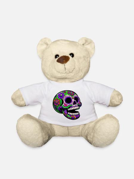 Leuchtender Totenkopf mit Blumenmotiv - Teddy - Weiß
