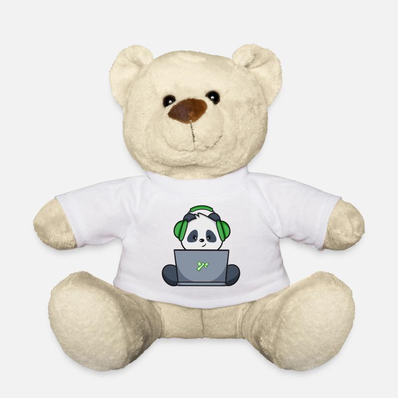 Gaming Panda with green headset - Teddy Bear - white