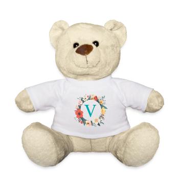 V Monogram, Flower Wreath, Personalizable - Teddy Bear - white - Front
