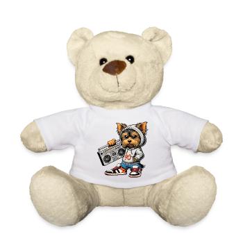 A cool Yorkie Yorkshire Terrier with a 90s - Teddy Bear - white - Front