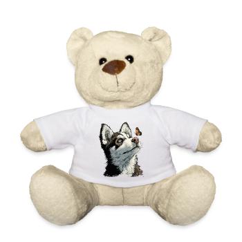 Curious husky puppy and butterfly - Teddy Bear - white - Front