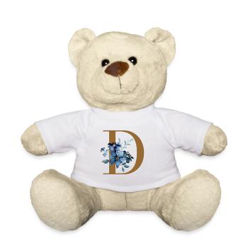 Floral D – Lettre dorée avec des fleurs - Nounours - blanc - Devant