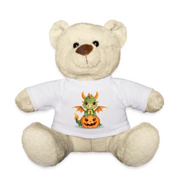 Cute Green Dragon with Halloween Pumpkin - Teddy Bear - white - Front