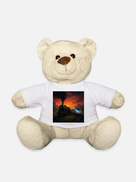 Steam Train vs Future Train - Teddy Bear - white
