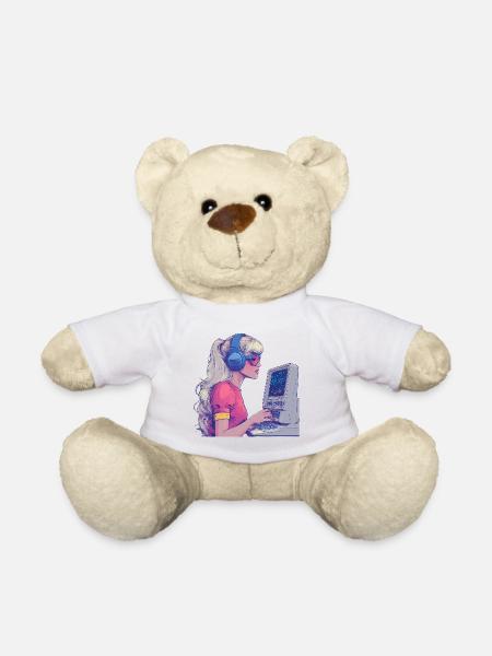 Retro Gamer Girl in Neon Style - Teddy Bear - white