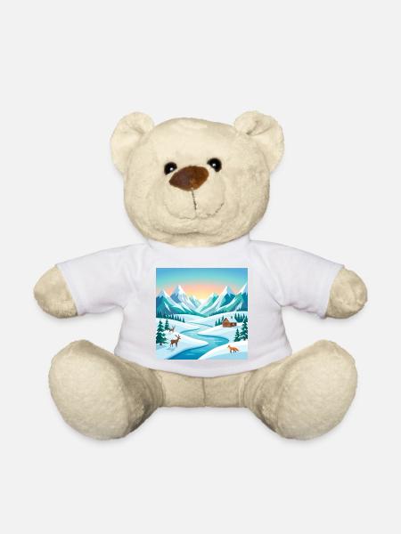 Paysages alpins d’hiver avec cerfs et huttes - Nounours - blanc