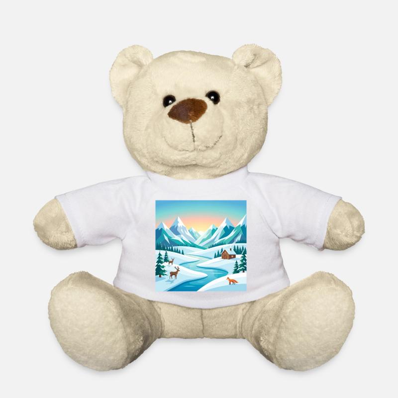 Alpenwinter-Szenerie mit Hirsch & Hütte - Teddy - Weiß