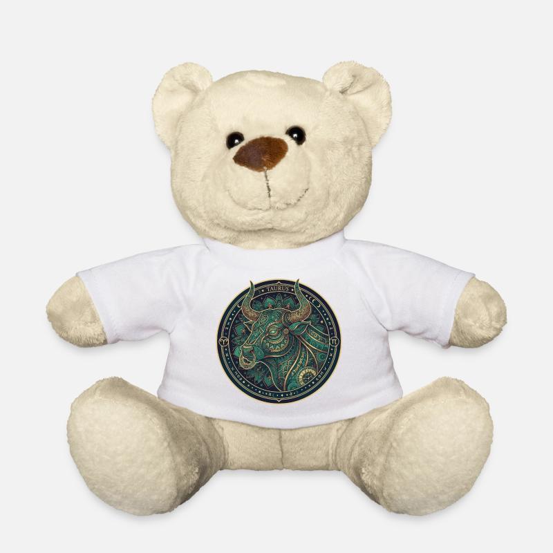 Stier Mandala Teal-Gold Kreis - Teddy - Weiß