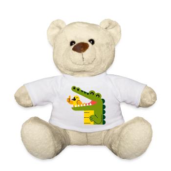 Fröhliches Krokodil mit Vogel im Maul - Teddy - Weiß - Vorne