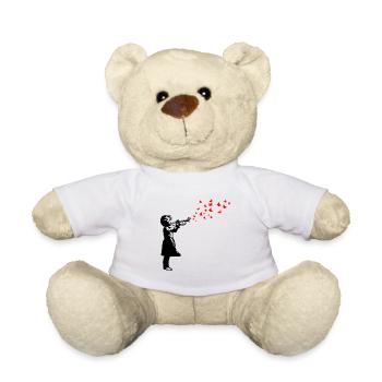 Fille et papillons avec trompette, style Banksy - Nounours - blanc - Devant