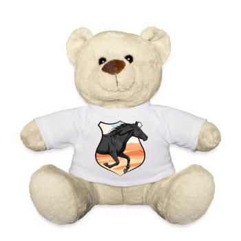 Ein galoppierendes Abaga-Pferd, ein Wappen und eine Wüste - Teddy - Weiß - Vorne