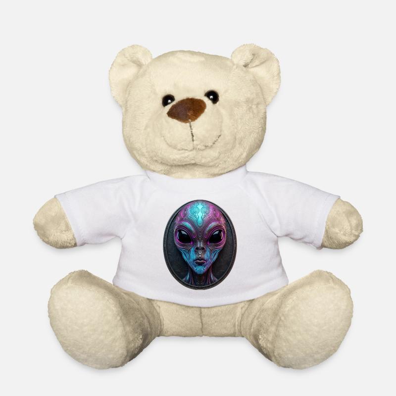Neon Alien Medallion Sci-Fi Art - Teddy Bear - white