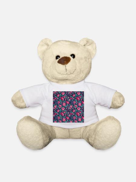 50er-Jahre-bunte-Rosen-Marine-Muster - Teddy - Weiß