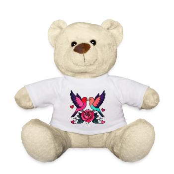 Vibrant Love Birds with Rose - Teddy Bear - white - Front