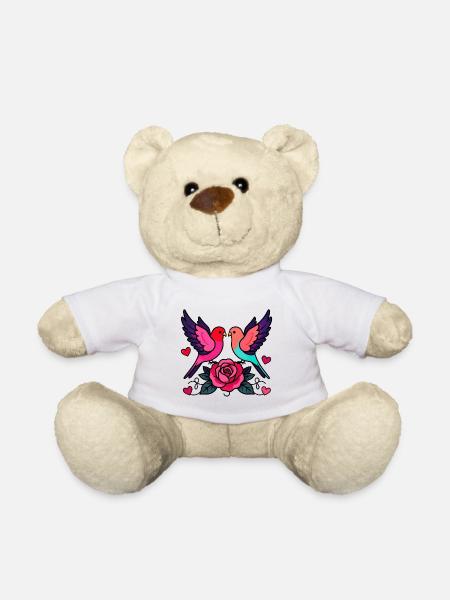 Vibrant Love Birds with Rose - Teddy Bear - white