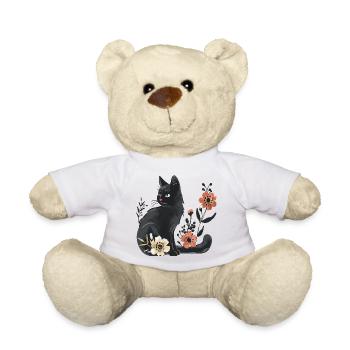 Chat noir parmi les fleurs printanières - Nounours - blanc - Devant