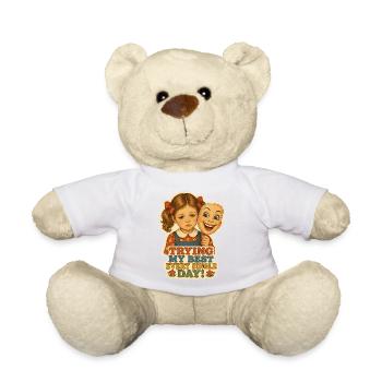 Vintage-trauriges Mädchen versteckt sich hinter einer Lächelmaske - Teddy - Weiß - Vorne