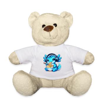 Kawaii Axolotl with Headphones and Ramen Gaming - Teddy Bear - white - Front