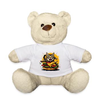 Cat with Big Burger – Funny Fast Food Art - Teddy Bear - white - Front