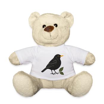 Amsel mit Blättern – Gartenvogel - Teddy - Weiß - Vorne