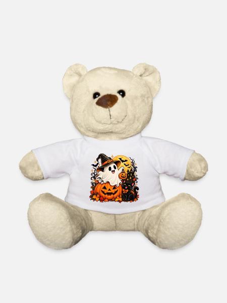 Süßer Halloween-Geist & Schwarze Katze - Teddy - Weiß