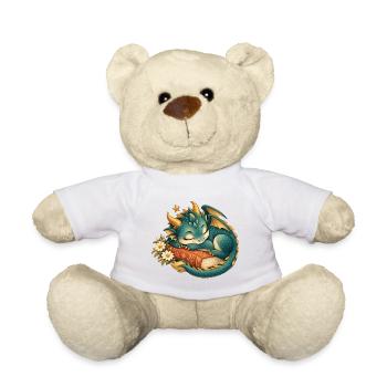Schlafender Drache zwischen Buch und Blumen - Teddy - Weiß - Vorne