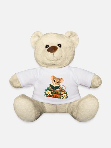 Lesermaus zwischen Büchern und Blumen - Teddy - Weiß