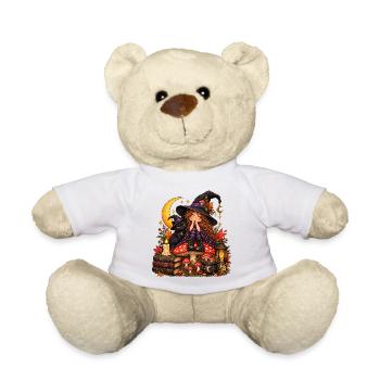 Niedliche Hexe mit schwarzer Katze - Teddy - Weiß - Vorne