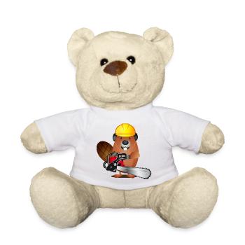cute beaver with chainsaw and protective helmet - Teddy Bear - white - Front
