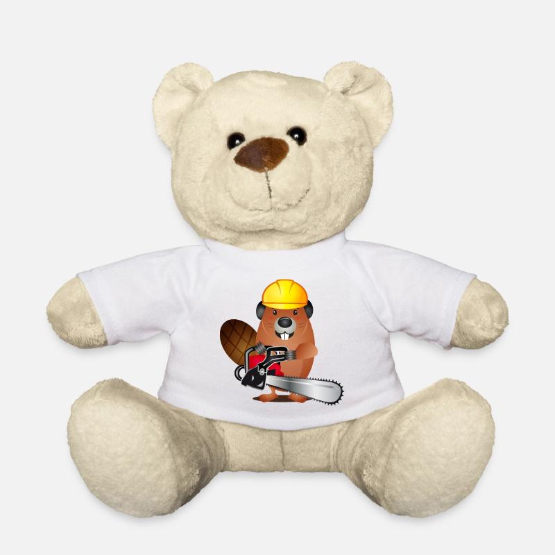 niedlicher Biber mit Kettensäge und Schutzhelm - Teddy - Weiß