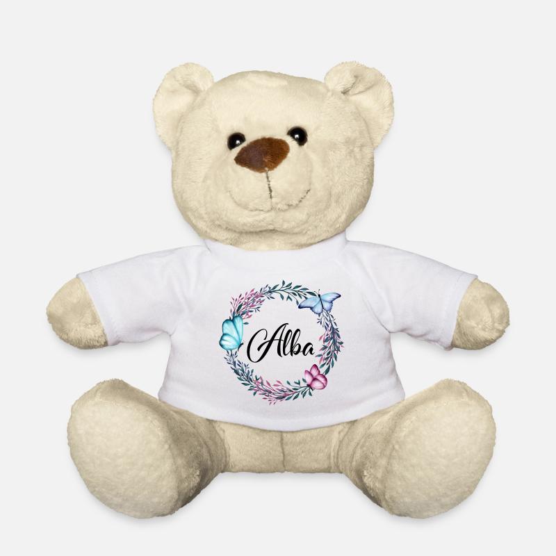 Alba, nom, lettrage, couronne de fleurs, cadeau - Nounours - blanc