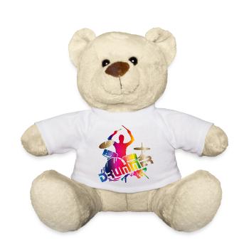 farbenfroher Schlagzeuger sitzt am Schlagzeug - Teddy - Weiß - Vorne