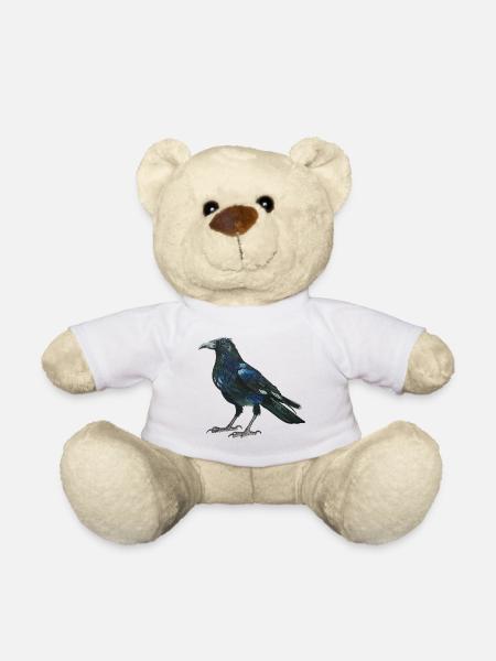 Rabe Krähe mit leicht bläulich grünen Federn - Teddy - Weiß