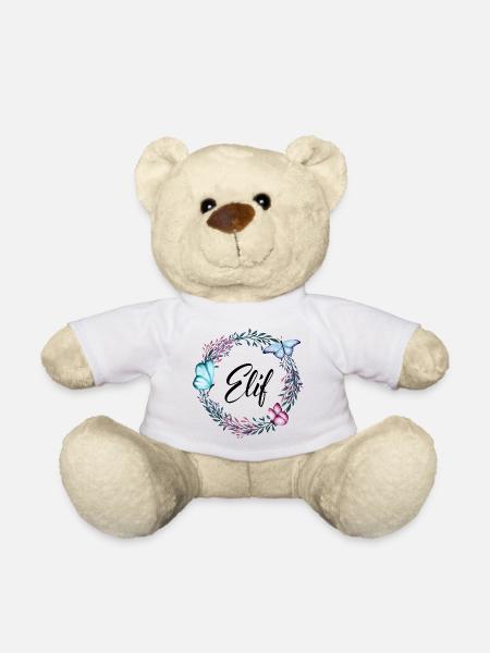 Elif, Name, Schriftzug, Blumenkranz, Geschenk - Teddy - Weiß