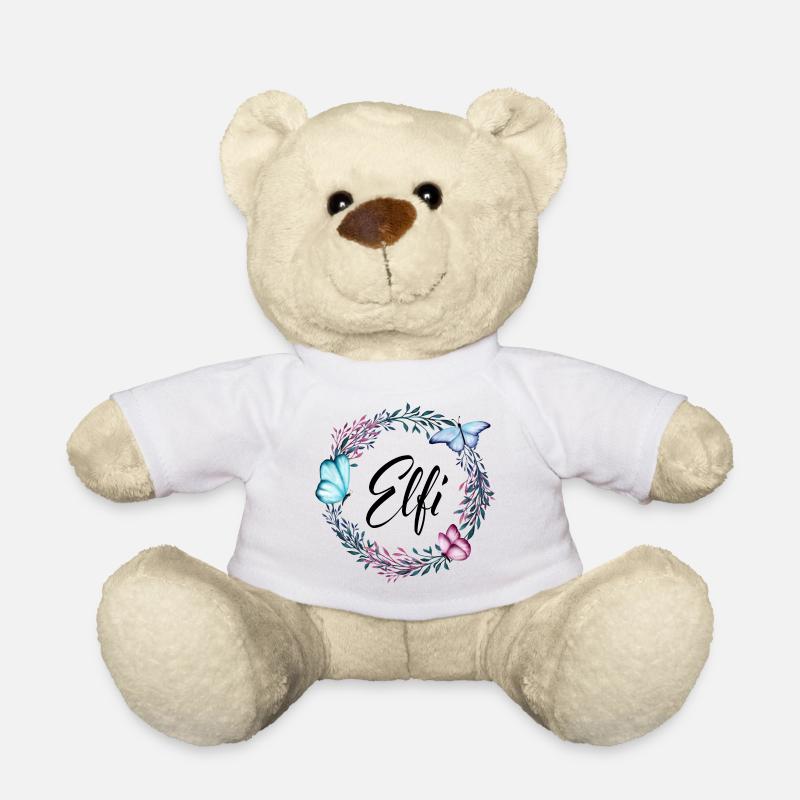 Elfi, Name, Schriftzug, Blumenkranz, Geschenk - Teddy - Weiß