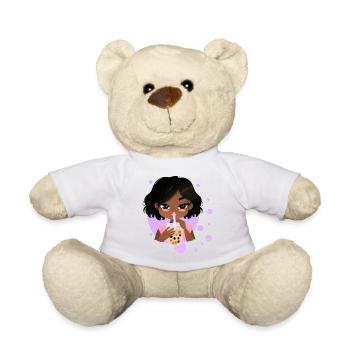 Kawaii afro noire africaine buvant du bubble tea - Nounours - blanc - Devant