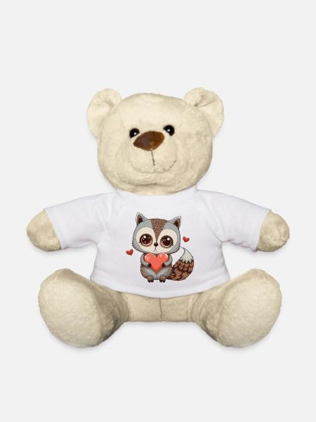 Cute raccoon embraces a heart drawing love - Teddy Bear - white