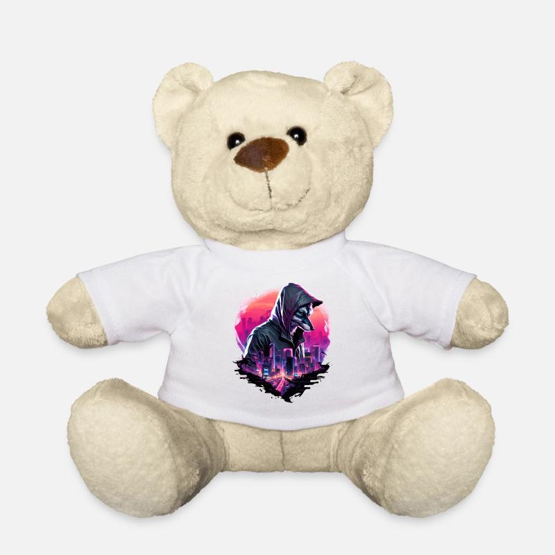 Synthwave Wolf mit Skyline - Teddy - Weiß