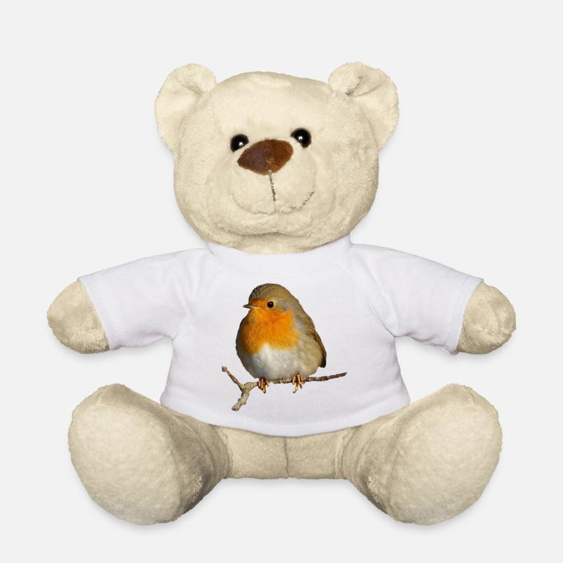 Rotkehlchen auf Ast sitzend - Teddy - Weiß