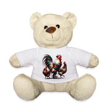 prächtiger bunter Hahn mit zwei Hennen auf dem Hof - Teddy - Weiß - Vorne