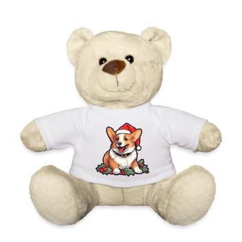 Christmas Happy Corgi in Santa hat with holly - Teddy Bear - white - Front