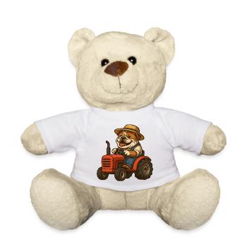 Niedlicher Bulldoggenbauer fährt roten Traktor-Cartoon - Teddy - Weiß - Vorne