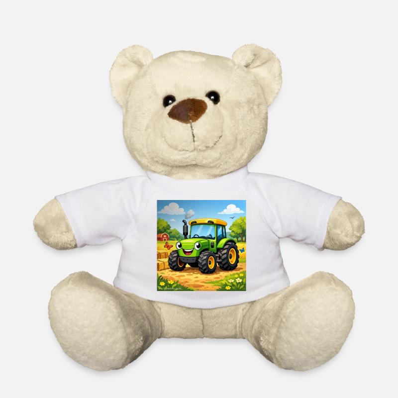 Fröhlicher Grüner Traktor auf Feld - Teddy - Weiß