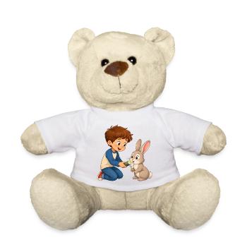 Kaninchen bekommt Gurke vom fröhlichen Jungen - Teddy - Weiß - Vorne