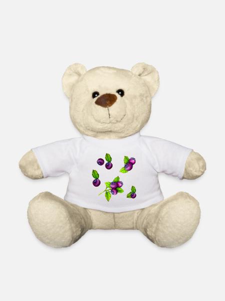 Watercolour Blue Berry Botanical Fruit Pattern - Teddy Bear - white