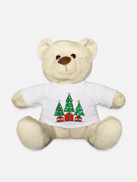Three Christmas Trees and Gifts - Teddy Bear - white